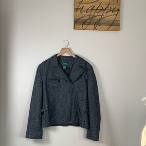 Lauren Ralph Lauren Lined Moto Jacket 100% Wool USA Made Gray Zip Pockets SZ 12